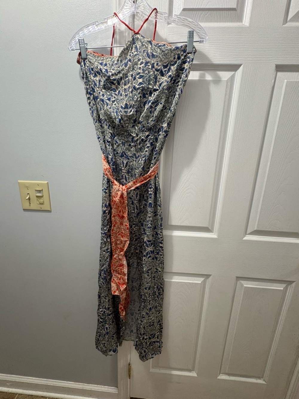 Carolina K Halter Midi Tie Back Dress With Slit Size Small Blue/ Coral Tassels